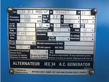 Βιομηχανική γεννήτρια Leroy Somer SDMO 1880 kVA generatordeel SDMO 1880 kVA generatordeel op frame: φωτογραφία 4